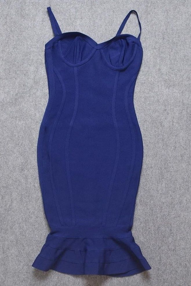 Woman wearing a figure flattering  Joy Bandage Midi Dress - Royal Blue Bodycon Collection