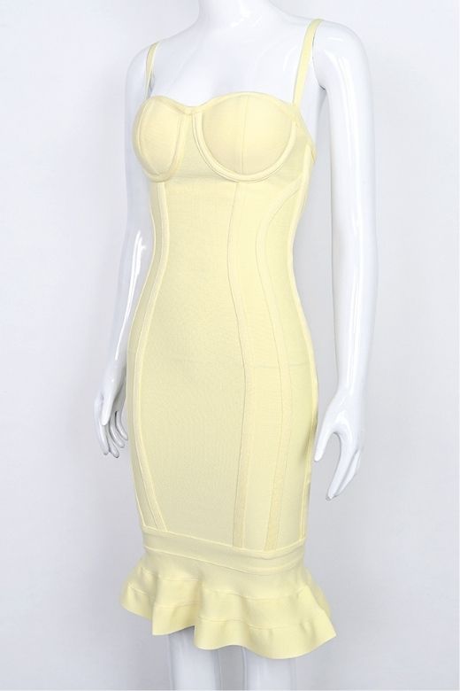 Woman wearing a figure flattering  Joy Bandage Midi Dress - Sun Yellow Bodycon Collection