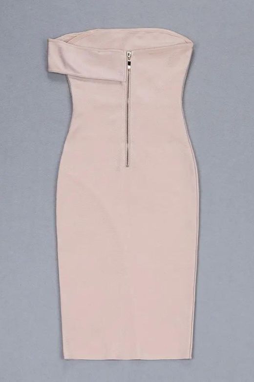 Woman wearing a figure flattering  Kaia Bodycon Dress - Nude BODYCON COLLECTION