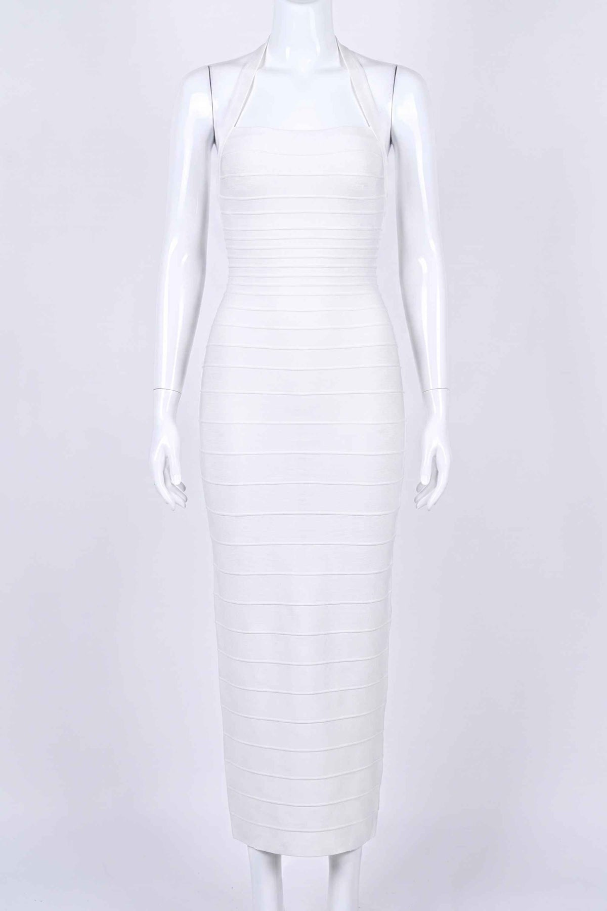 Woman wearing a figure flattering  Kia Bandage Maxi Dress - White Pearl BODYCON COLLECTION Pty Ltd