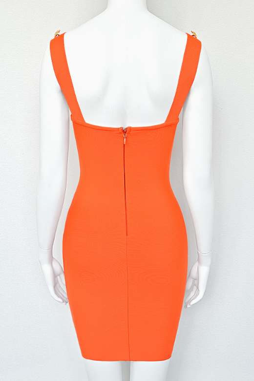 Woman wearing a figure flattering  Kiki Bandage Mini Dress - Apricot Orange BODYCON COLLECTION