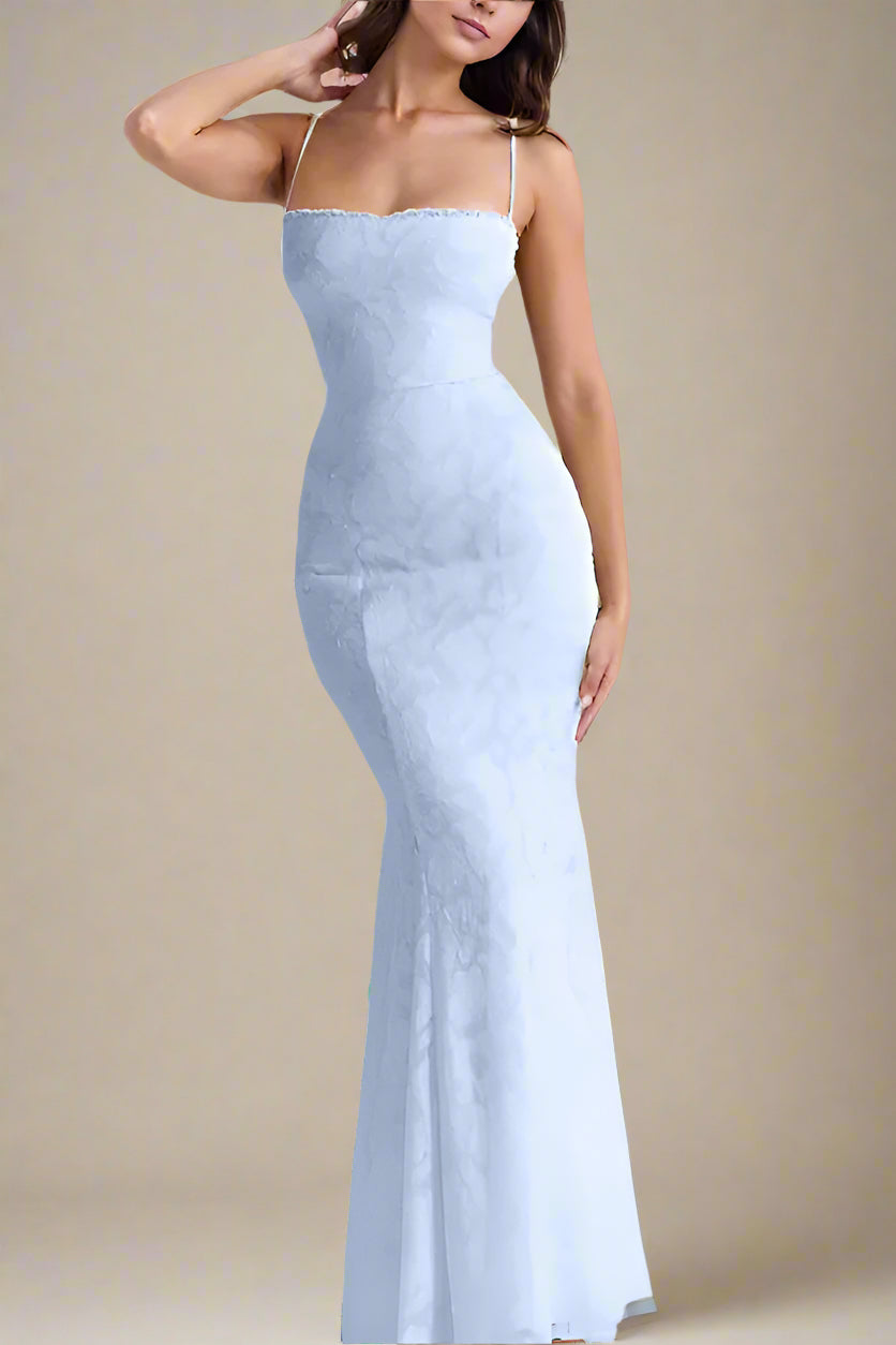 Woman wearing a figure flattering  Kora Bodycon Maxi Dress - Baby Blue BODYCON COLLECTION