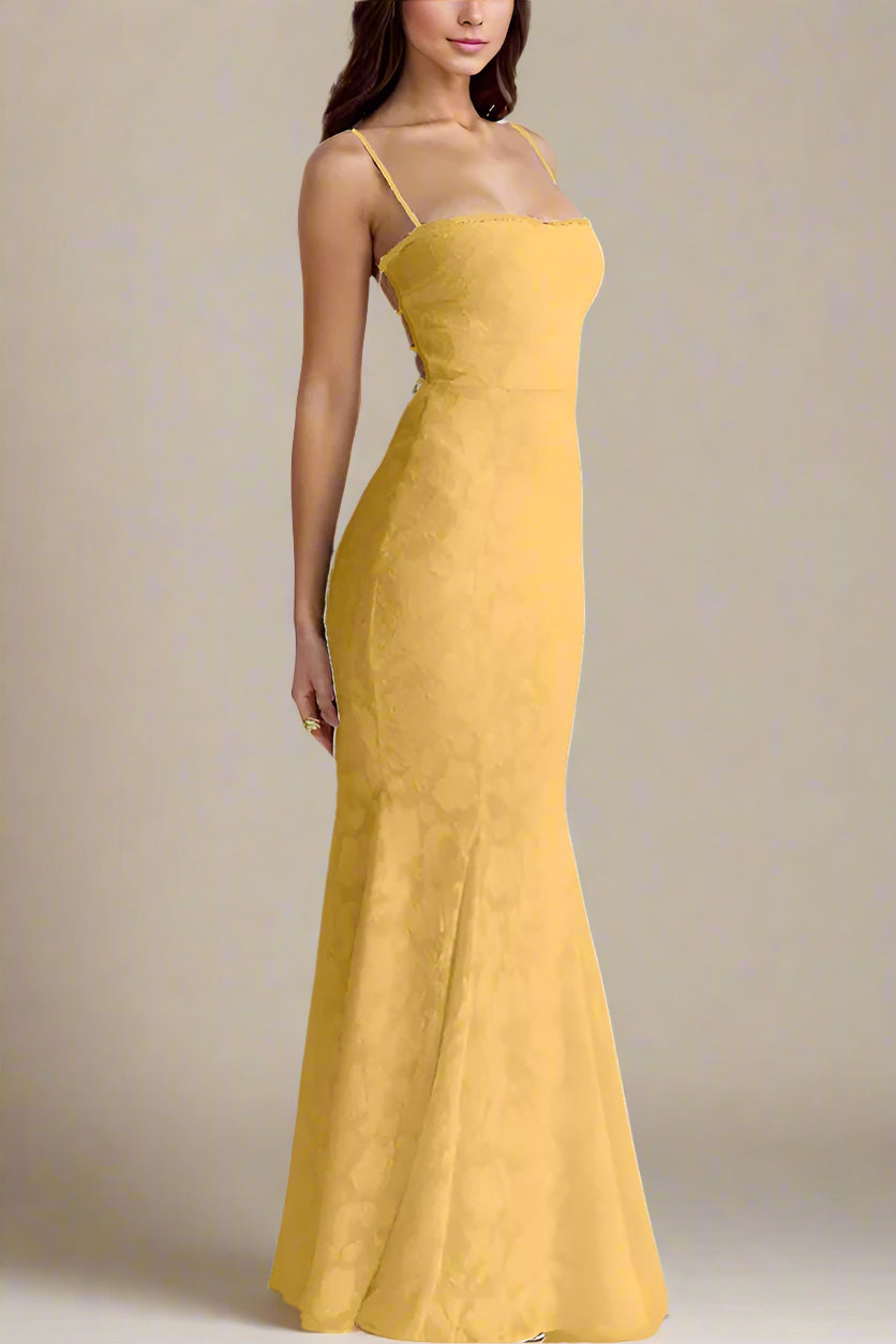 Woman wearing a figure flattering  Kora Bodycon Maxi Dress - Lemon Yellow BODYCON COLLECTION
