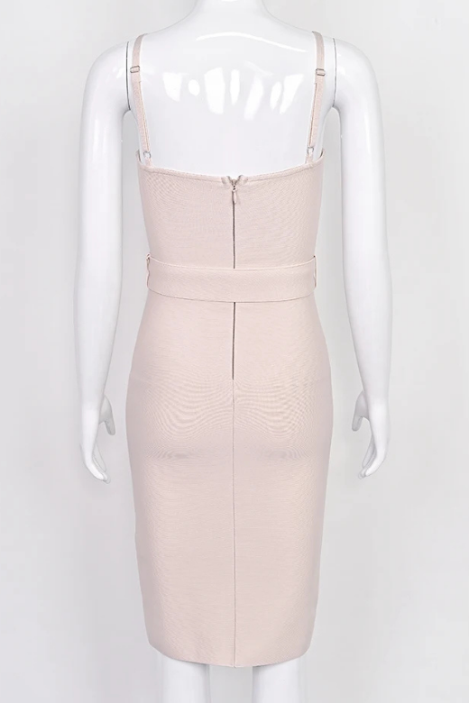 Woman wearing a figure flattering  Lana Bandage Dress - Cream BODYCON COLLECTION Pty Ltd