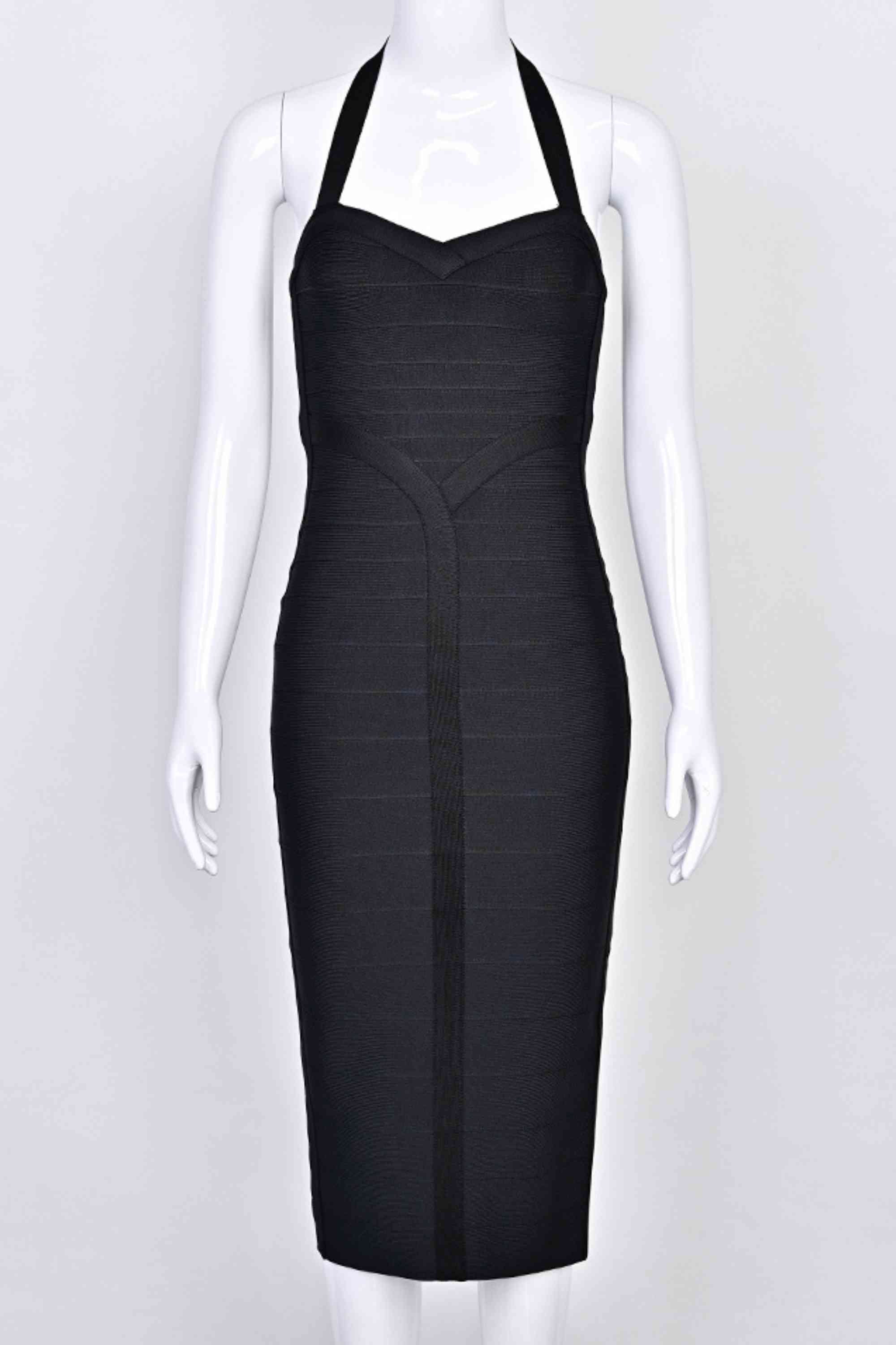 Woman wearing a figure flattering  Lara Bandage Midi Dress - Classic Black BODYCON COLLECTION Pty Ltd