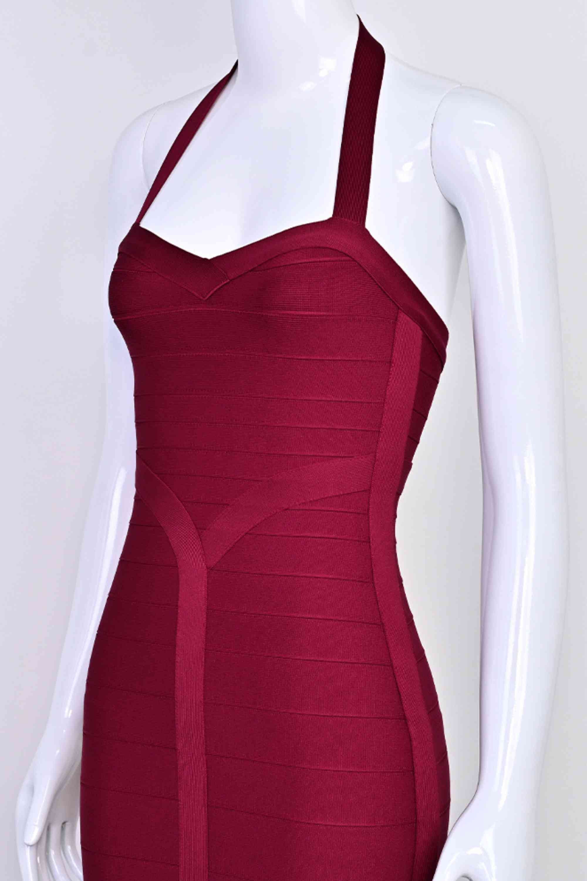 Woman wearing a figure flattering  Lara Bandage Midi Dress - Red Wine BODYCON COLLECTION Pty Ltd