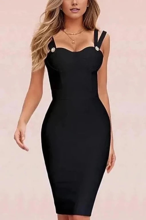 Woman wearing a figure flattering  Kate Bandage Dress - Classic Black Bodycon Collection