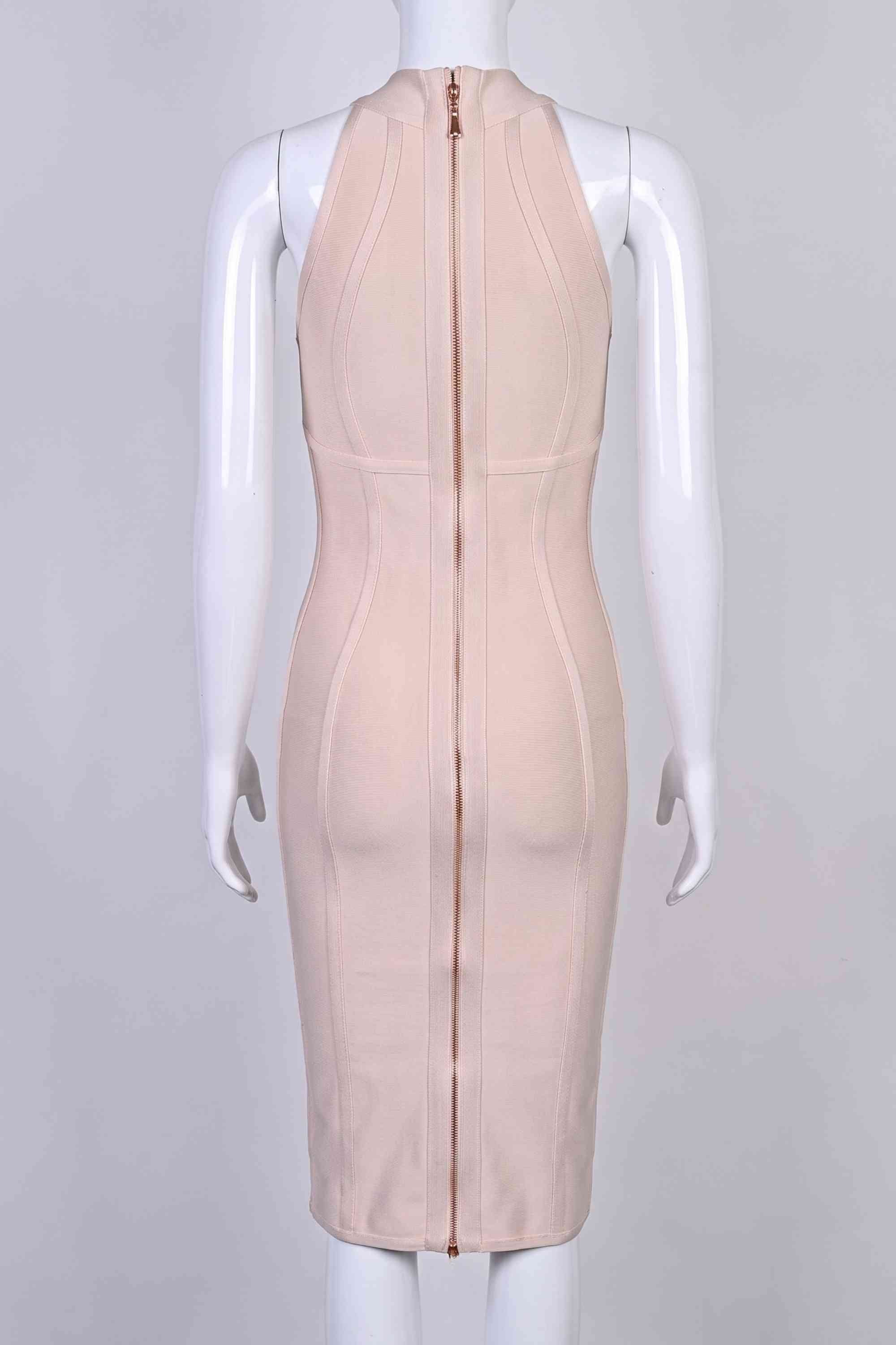 Woman wearing a figure flattering  Lea Bandage Midi Dress - Beige Bodycon Collection