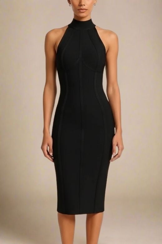 Woman wearing a figure flattering  Lea Bandage Midi Dress - Classic Black Bodycon Collection
