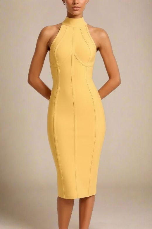 Woman wearing a figure flattering  Lea Bandage Midi Dress - Mustard Yellow Bodycon Collection