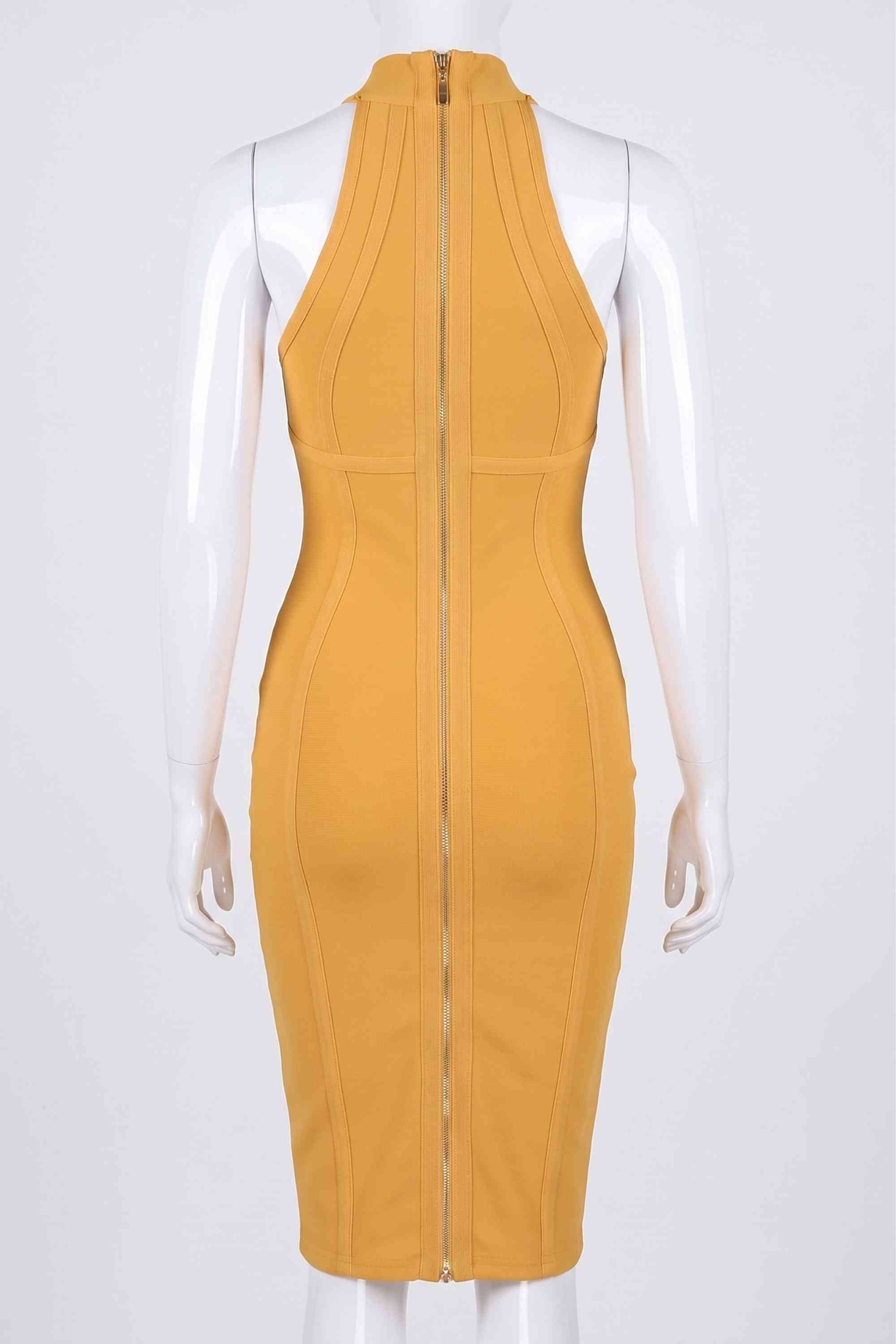 Woman wearing a figure flattering  Lea Bandage Midi Dress - Mustard Yellow Bodycon Collection
