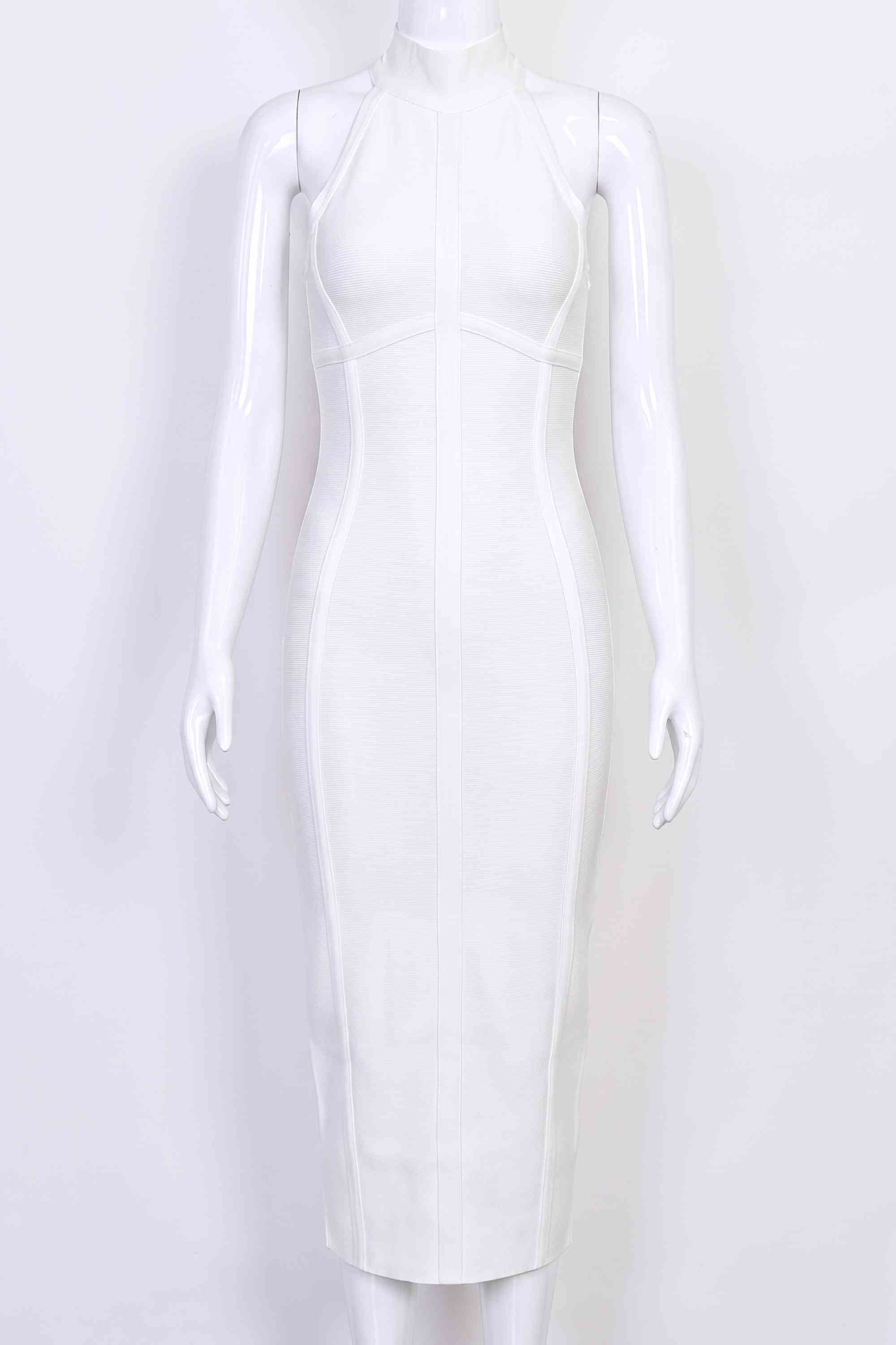 Woman wearing a figure flattering  Lea Bandage Midi Dress - Pearl White Bodycon Collection