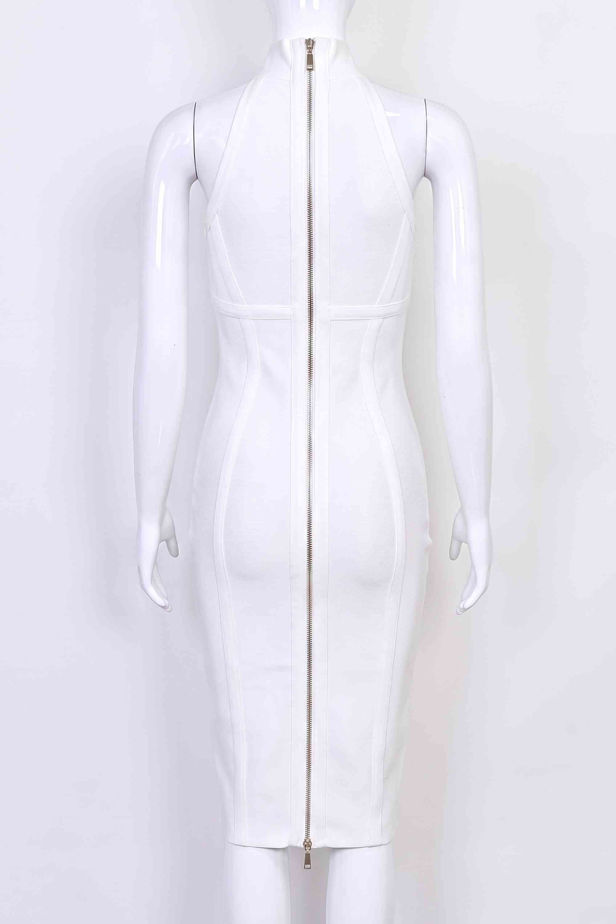 Woman wearing a figure flattering  Lea Bandage Midi Dress - Pearl White Bodycon Collection