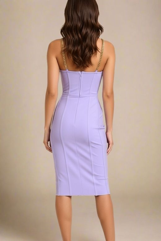 Woman wearing a figure flattering  Leah Bodycon Dress - Violet Purple Bodycon Collection