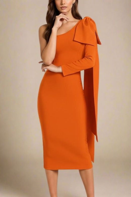 Woman wearing a figure flattering  Lela Long Sleeve Bandage Midi Dress - Apricot Orange BODYCON COLLECTION