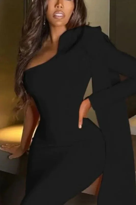 Woman wearing a figure flattering  Lela Long Sleeve Bandage Midi Dress - Classic Black BODYCON COLLECTION