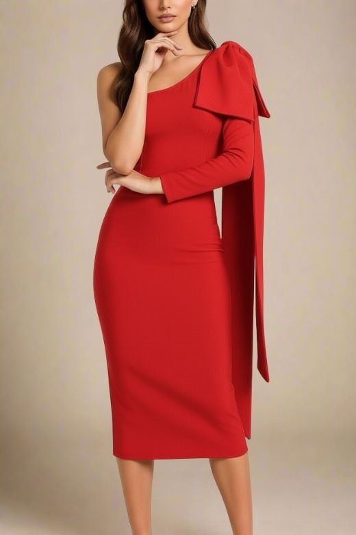Woman wearing a figure flattering  Lela Long Sleeve Bandage Midi Dress - Lipstick Red BODYCON COLLECTION