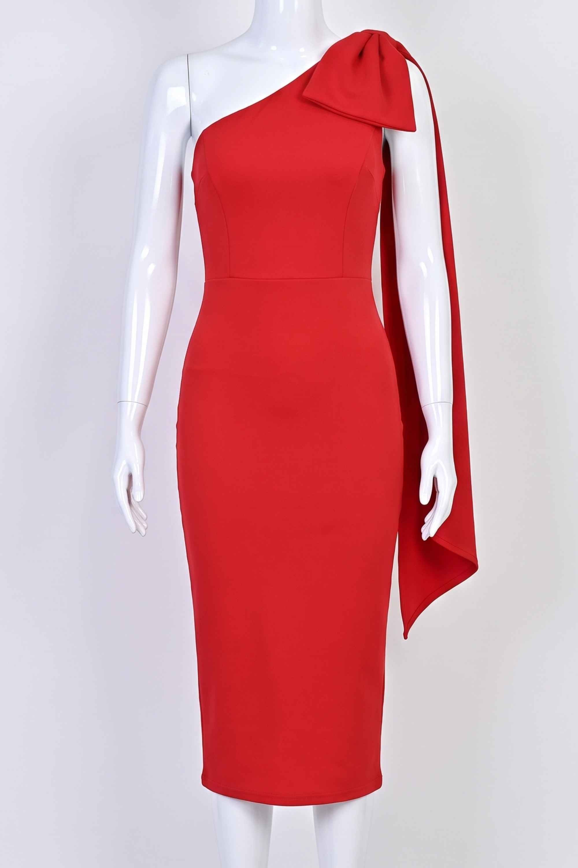 Woman wearing a figure flattering  Lela Long Sleeve Bandage Midi Dress - Lipstick Red BODYCON COLLECTION