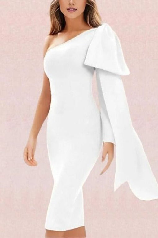 Woman wearing a figure flattering  Lela Long Sleeve Bandage Midi Dress - Pearl White BODYCON COLLECTION