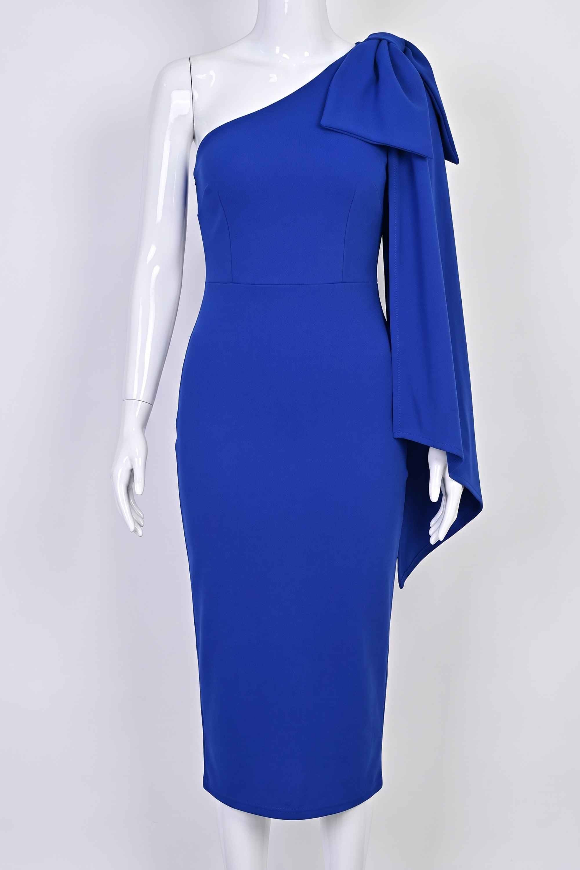 Woman wearing a figure flattering  Lela Long Sleeve Bandage Midi Dress - Royal Blue BODYCON COLLECTION