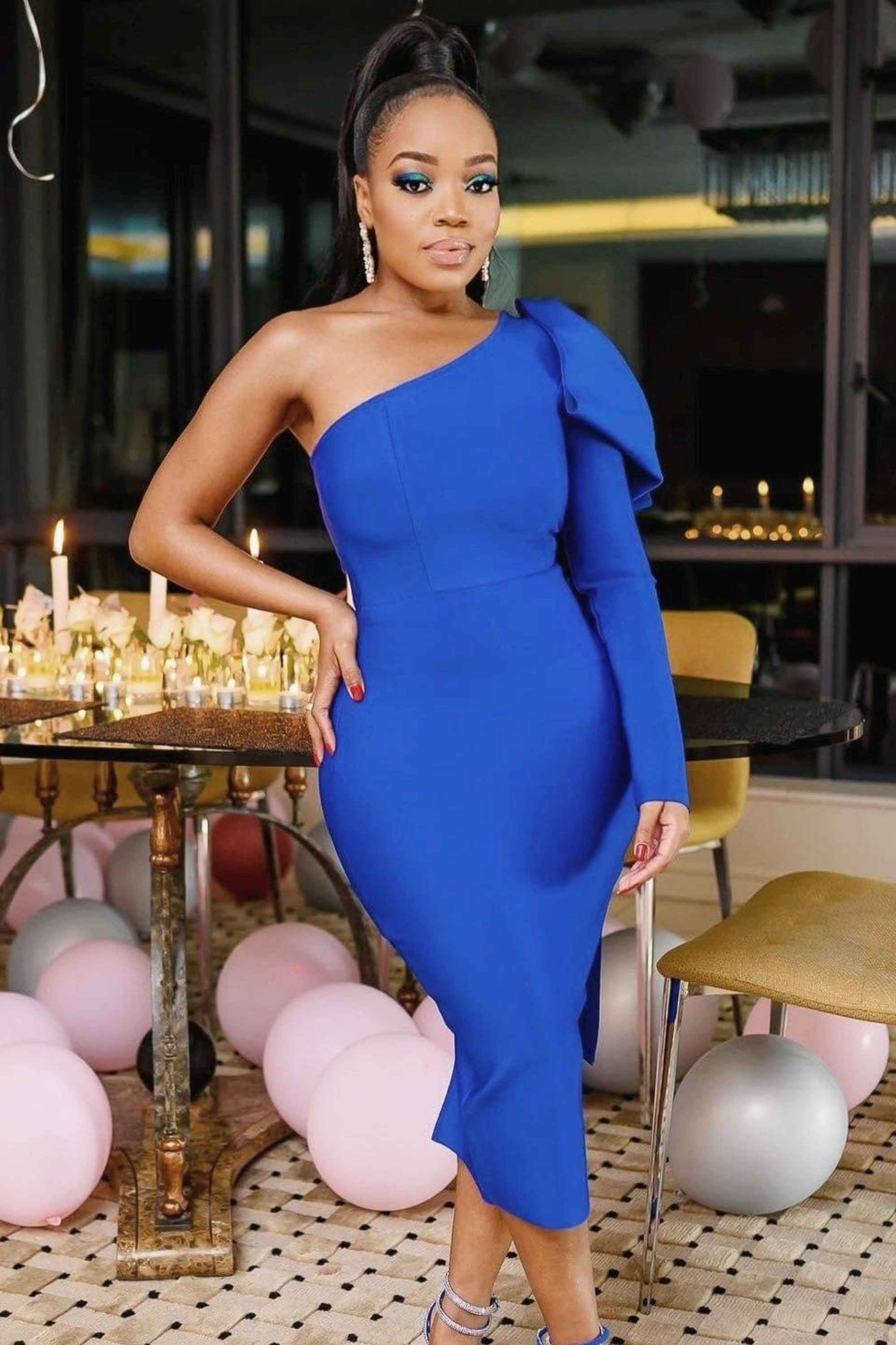 Woman wearing a figure flattering  Lela Long Sleeve Bandage Midi Dress - Royal Blue BODYCON COLLECTION
