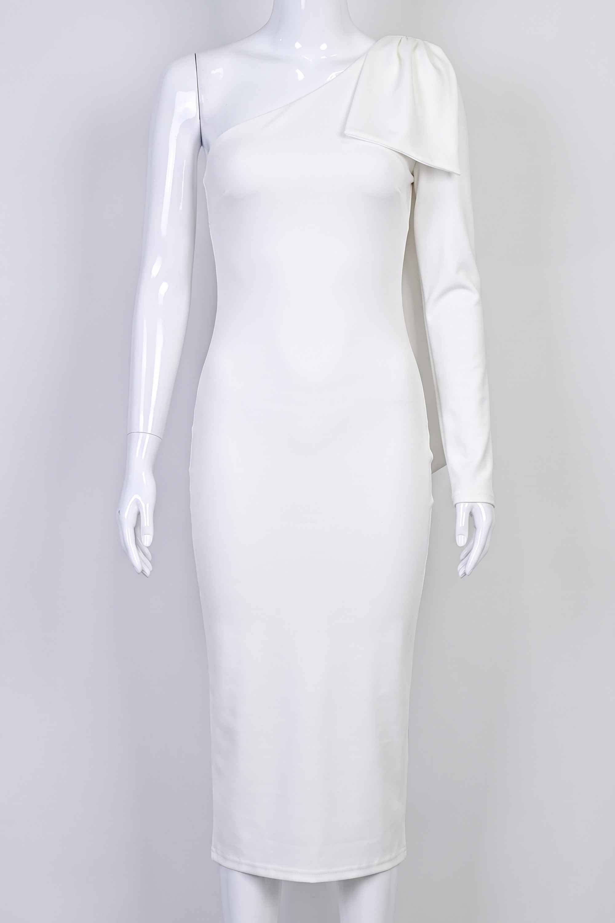Woman wearing a figure flattering  Lela Long Sleeve Bandage Midi Dress - White Pearl BODYCON COLLECTION