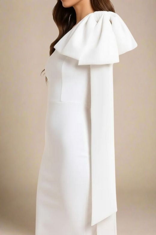 Woman wearing a figure flattering  Lela Long Sleeve Bandage Midi Dress - White Pearl BODYCON COLLECTION