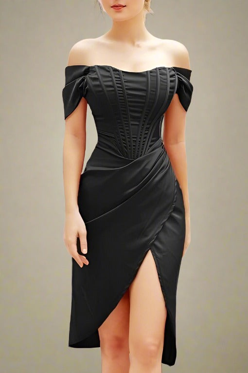 Woman wearing a figure flattering  Leona Bodycon Dress - Classic Black BODYCON COLLECTION
