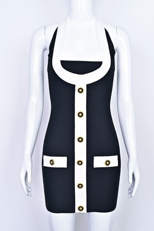 Woman wearing a figure flattering  Leone Bandage Mini Dress - Classic Black BODYCON COLLECTION Pty Ltd