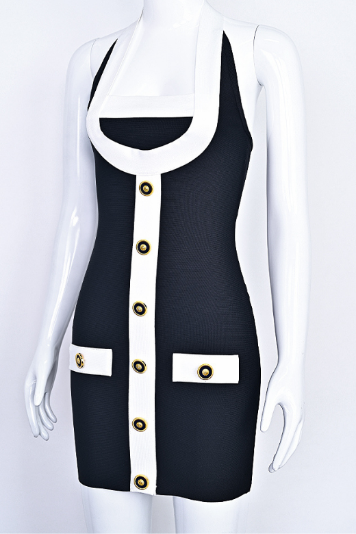 Woman wearing a figure flattering  Leone Bandage Mini Dress - Classic Black BODYCON COLLECTION Pty Ltd