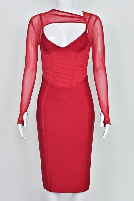 Woman wearing a figure flattering  Lexi Long Sleeve Bodycon Midi Dress - Red Wine BODYCON COLLECTION