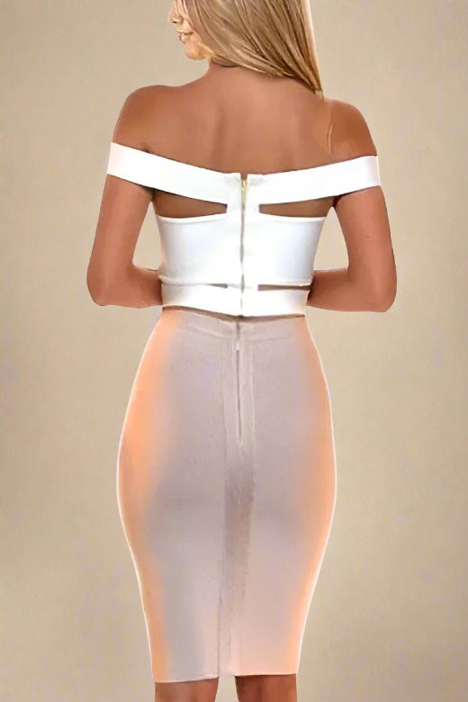 Woman wearing a figure flattering  Lexia Bandage Crop Top - Pearl White BODYCON COLLECTION