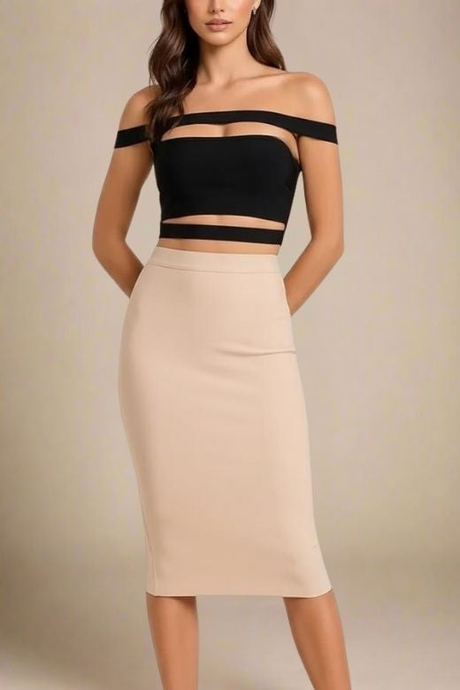Woman wearing a figure flattering  Lexia Bandage Top and Midi Skirt Set - Classic Black BODYCON COLLECTION