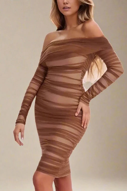 Woman wearing a figure flattering  Lila Bodycon Wrap Long Sleeve Dress - Tan Brown BODYCON COLLECTION