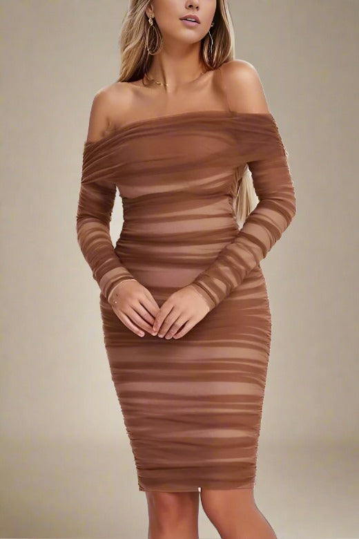 Woman wearing a figure flattering  Lila Bodycon Wrap Long Sleeve Dress - Tan Brown BODYCON COLLECTION