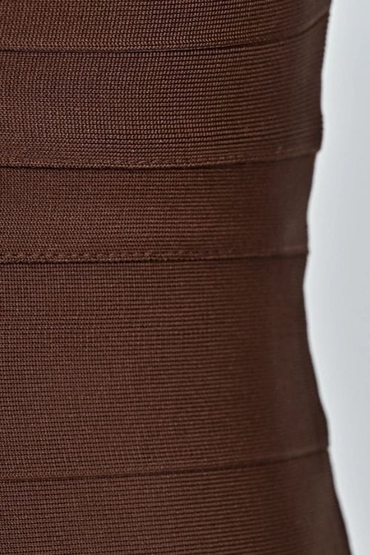 Woman wearing a figure flattering  Lisa Long Sleeve Bandage Mini Dress - Chocolate Brown BODYCON COLLECTION Pty Ltd