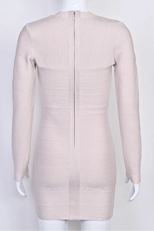 Woman wearing a figure flattering  Lisa Long Sleeve Bandage Mini Dress - Cream BODYCON COLLECTION Pty Ltd