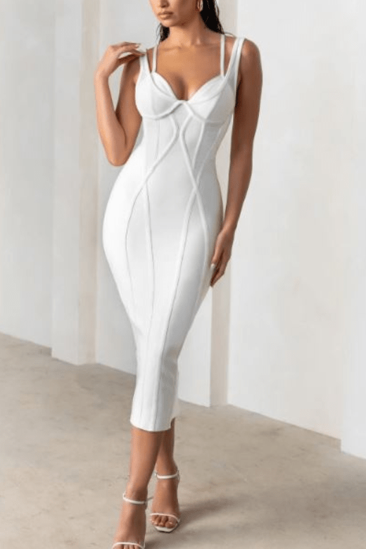 Woman wearing a figure flattering  Lucy Bandage Midi Dress - Pearl White BODYCON COLLECTION