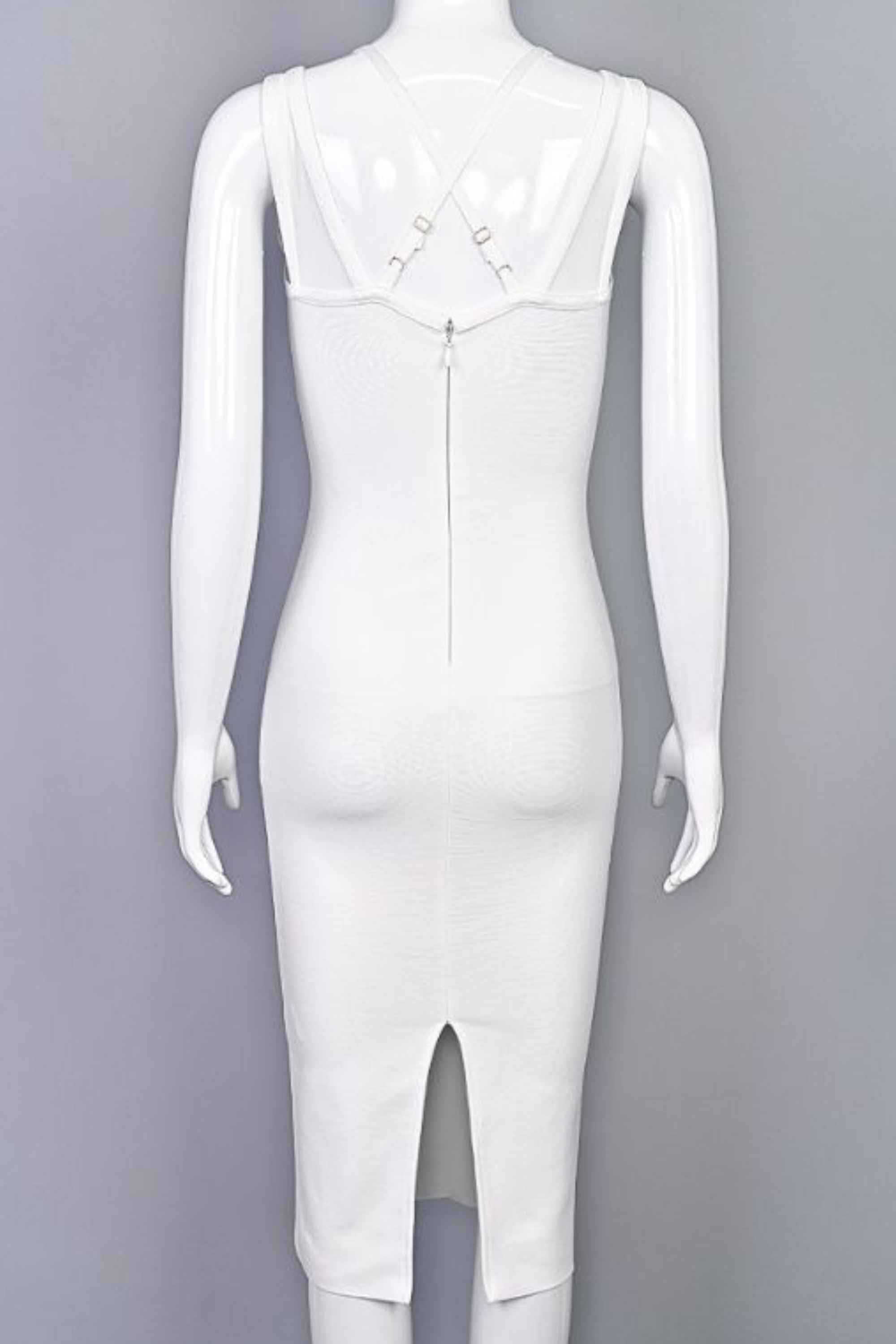 Woman wearing a figure flattering  Lucy Bandage Midi Dress - White Pearl BODYCON COLLECTION