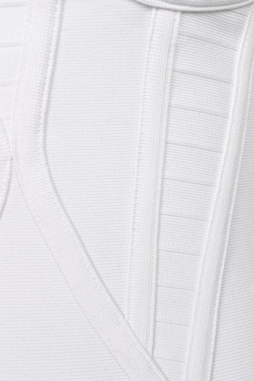 Woman wearing a figure flattering  Lucy Bandage Midi Dress - White Pearl BODYCON COLLECTION