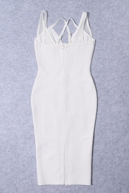 Woman wearing a figure flattering  Lucy Bandage Midi Dress - White Pearl BODYCON COLLECTION