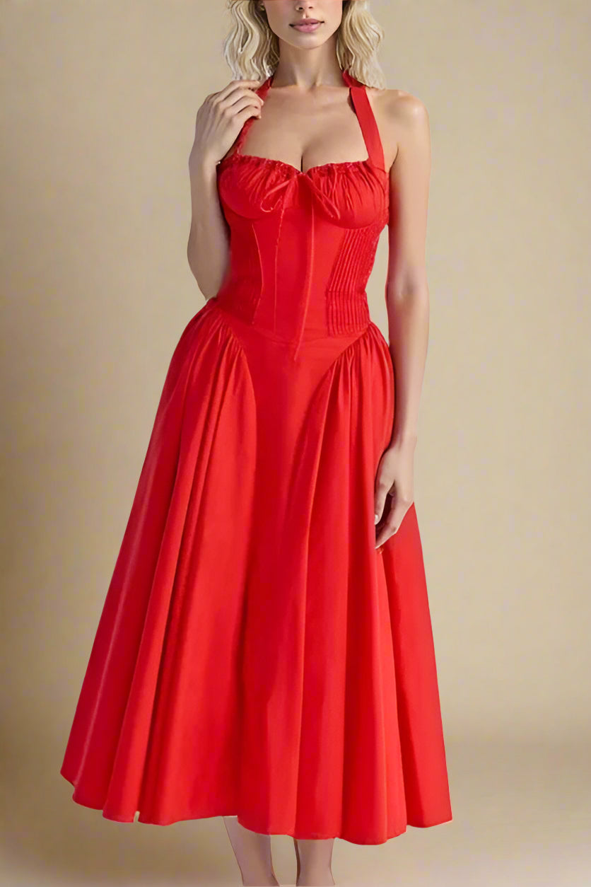 Woman wearing a figure flattering  Lynsie Bodycon Midi Dress - Lipstick Red BODYCON COLLECTION