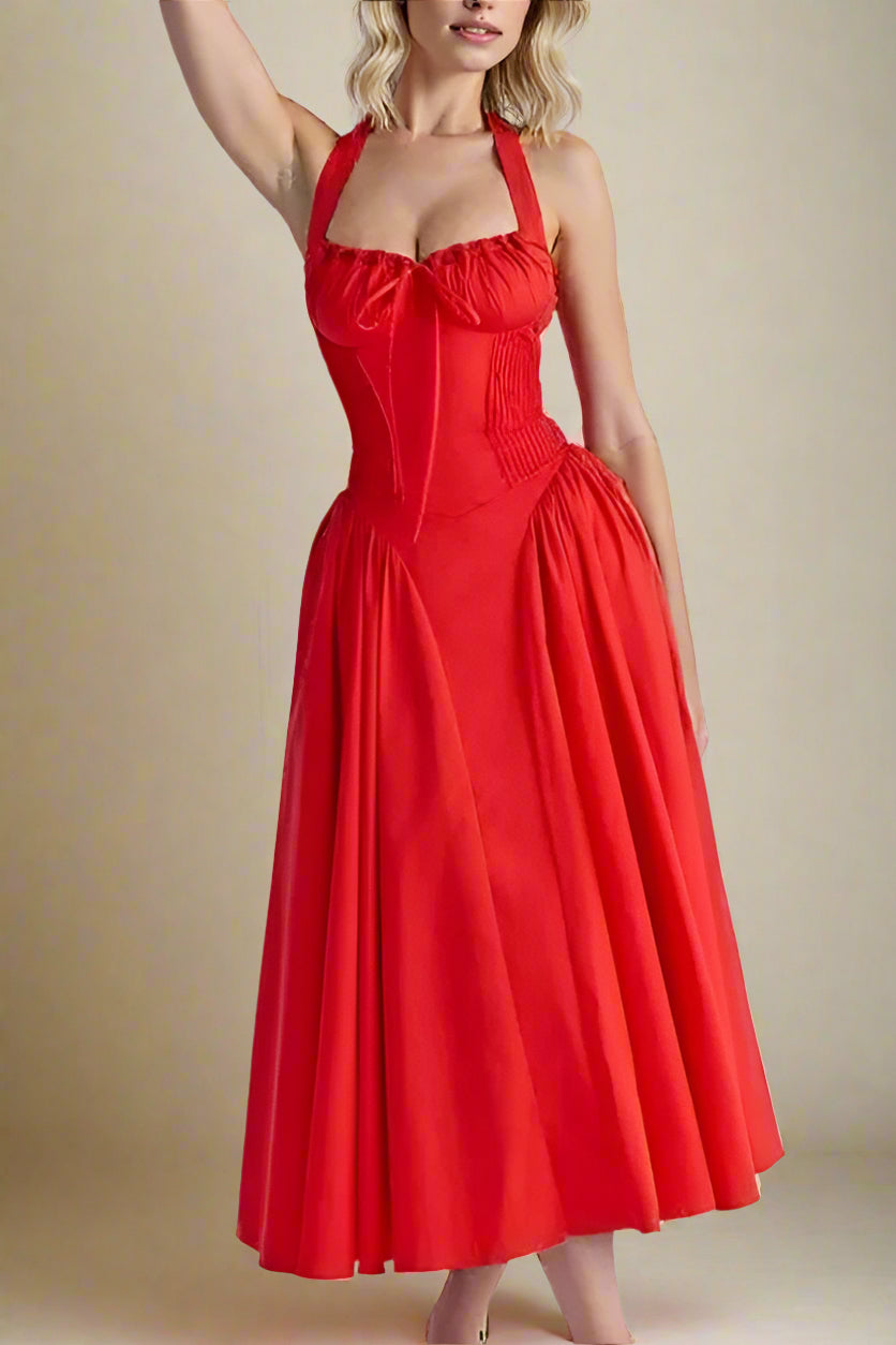 Woman wearing a figure flattering  Lynsie Bodycon Midi Dress - Lipstick Red BODYCON COLLECTION