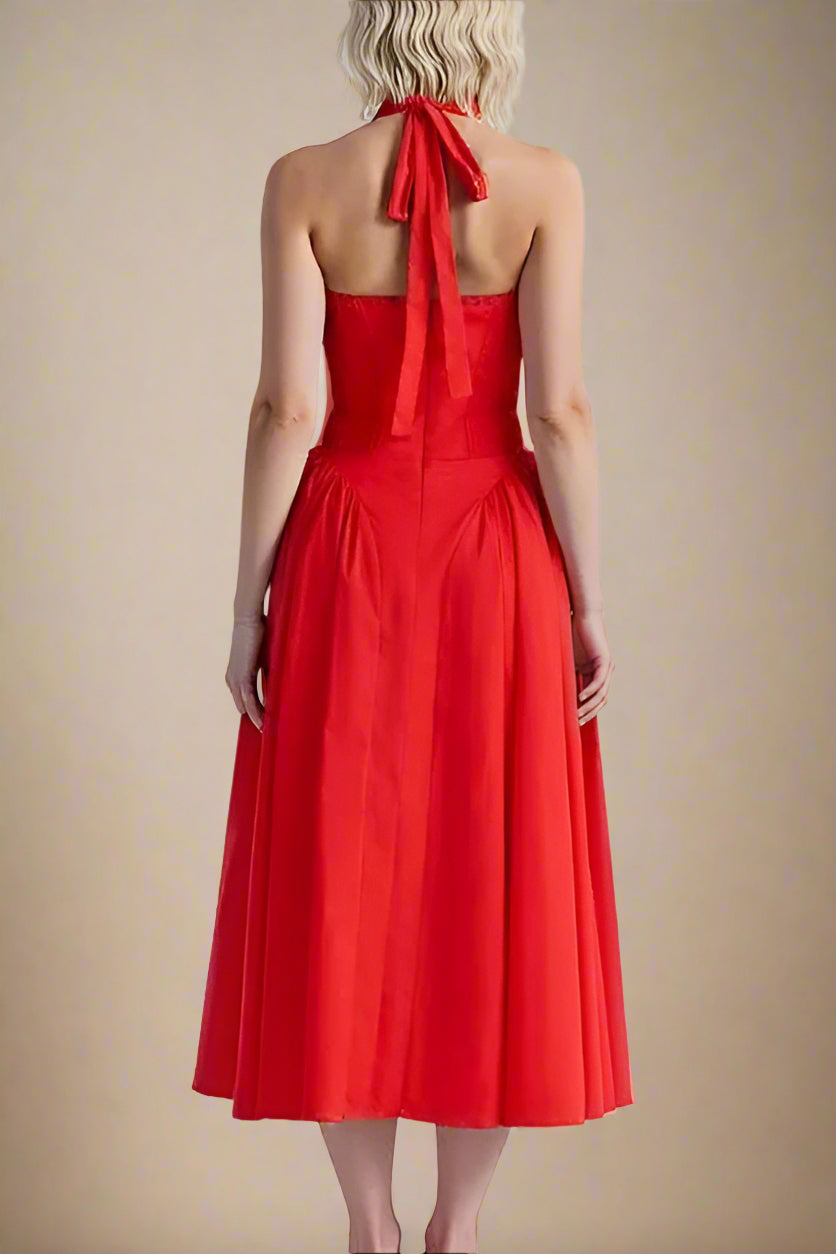 Woman wearing a figure flattering  Lynsie Bodycon Midi Dress - Lipstick Red BODYCON COLLECTION