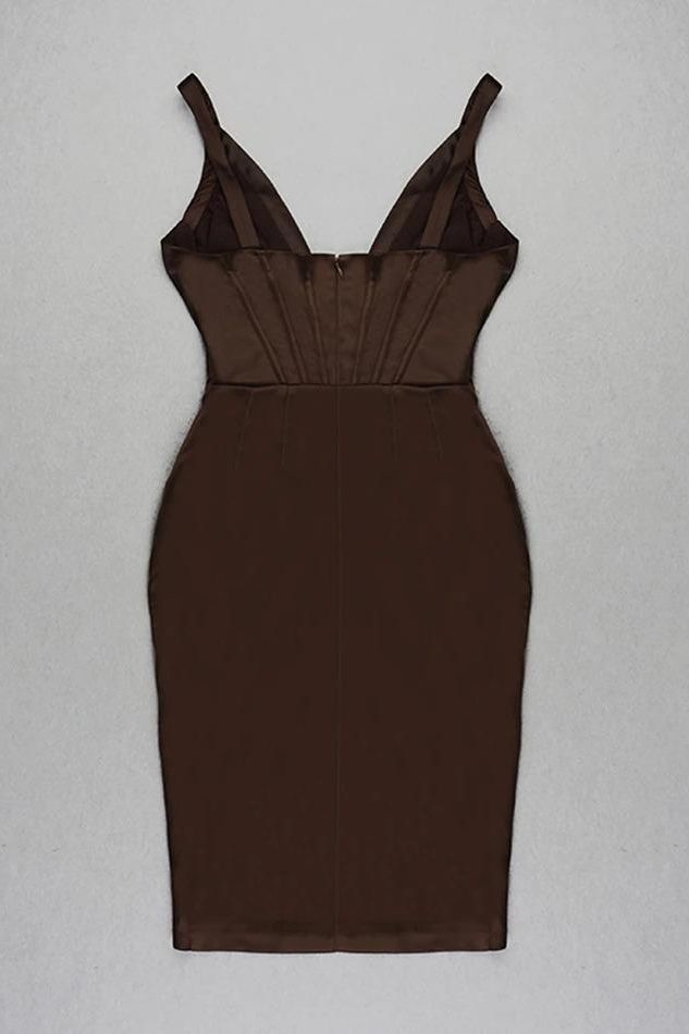 Woman wearing a figure flattering  Maddi Bodycon Dress - Tan Brown BODYCON COLLECTION