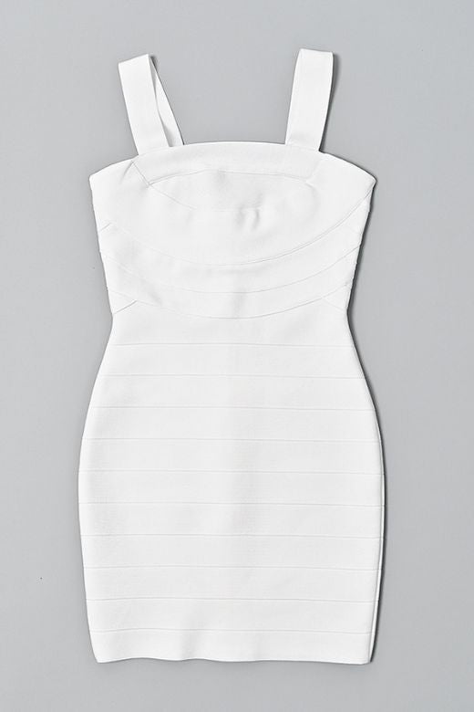 Woman wearing a figure flattering  Madelyn Bandage Mini Dress - White Pearl BODYCON COLLECTION Pty Ltd