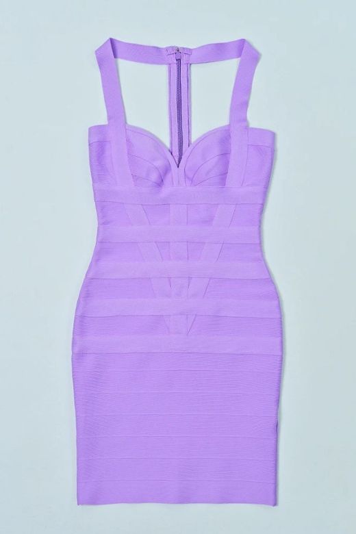 Woman wearing a figure flattering  Mara Bandage Mini Dress - Violet Purple BODYCON COLLECTION