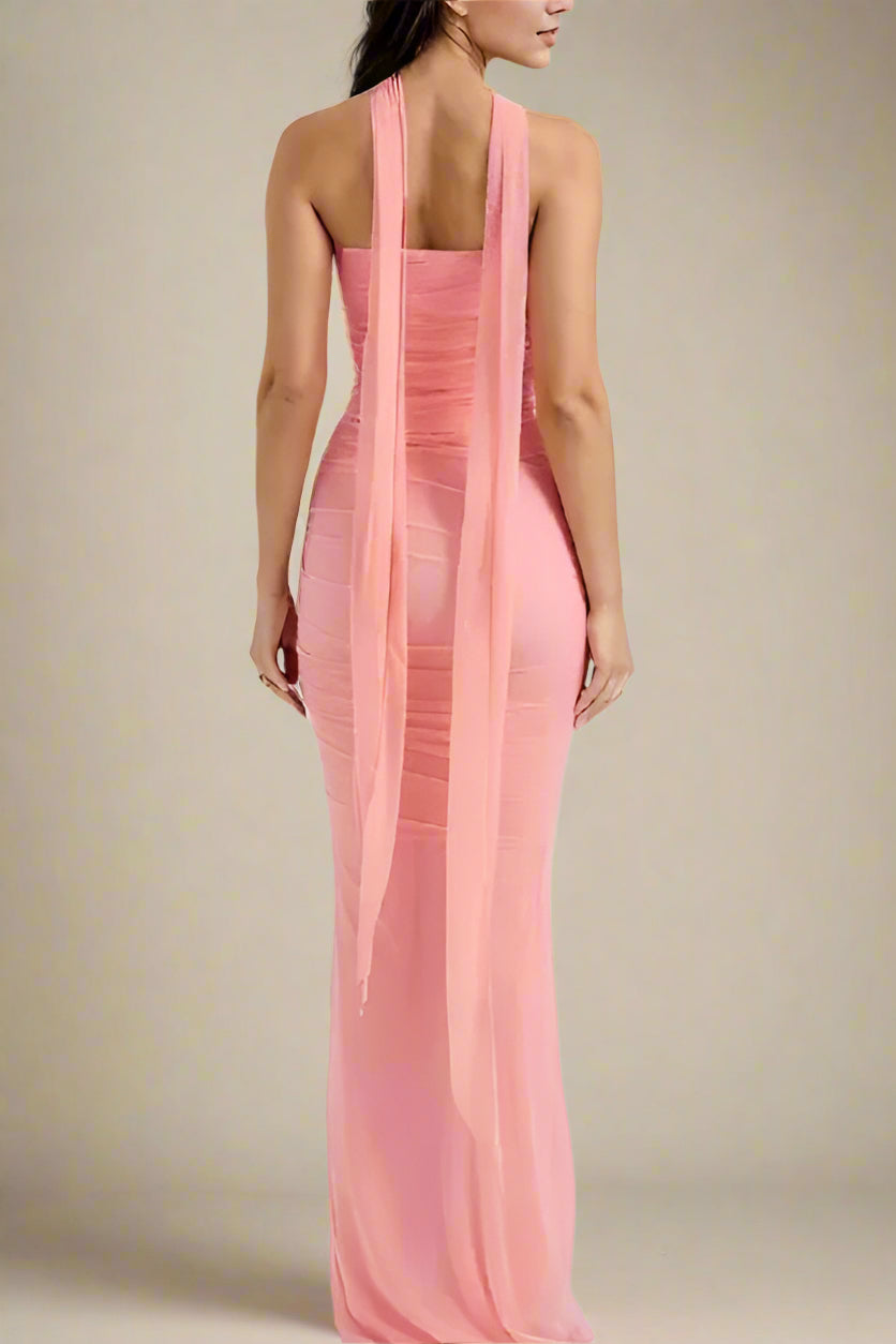 Woman wearing a figure flattering  Margot Wrap Top and Maxi Skirt Outfit Set - Dusty Pink BODYCON COLLECTION