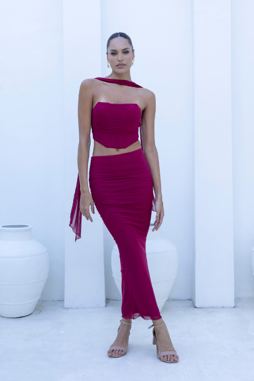 Woman wearing a figure flattering  Margot Wrap Top and Maxi Skirt Outfit Set - Red Wine BODYCON COLLECTION