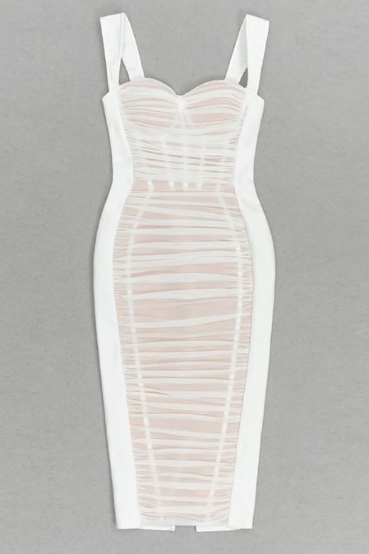 Woman wearing a figure flattering  Marilyn Bodycon Wrap Midi Dress - Pearl White BODYCON COLLECTION